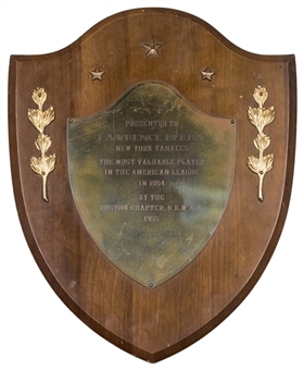 1954 Baseball Writers Of America Boston Chapter Most Valuable Player Award Presented To Yogi Berra (Berra LOA)